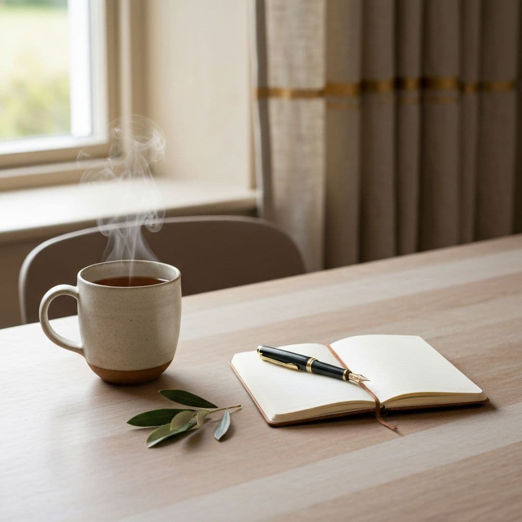 A handmade ceramic mug, an open notebook, and an olive sprig on a sunlit oak table