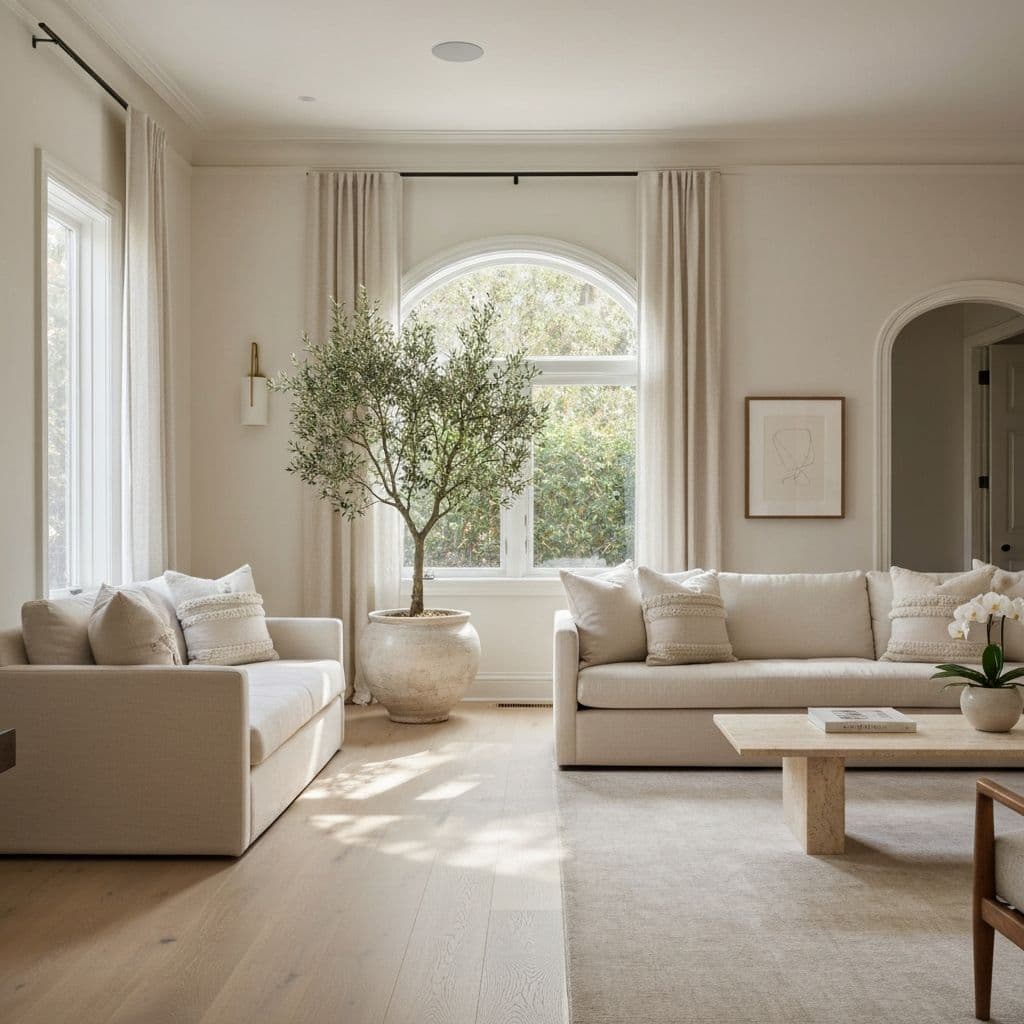 Sunlit living room of a beautifully renovated private residence with cream linen sofas and an arched window