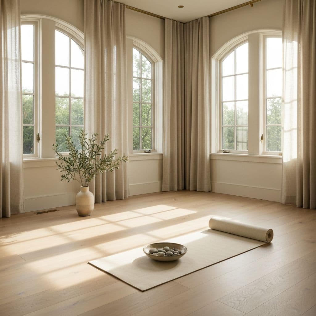 Yoga and meditation room with a single linen mat on warm oak floors