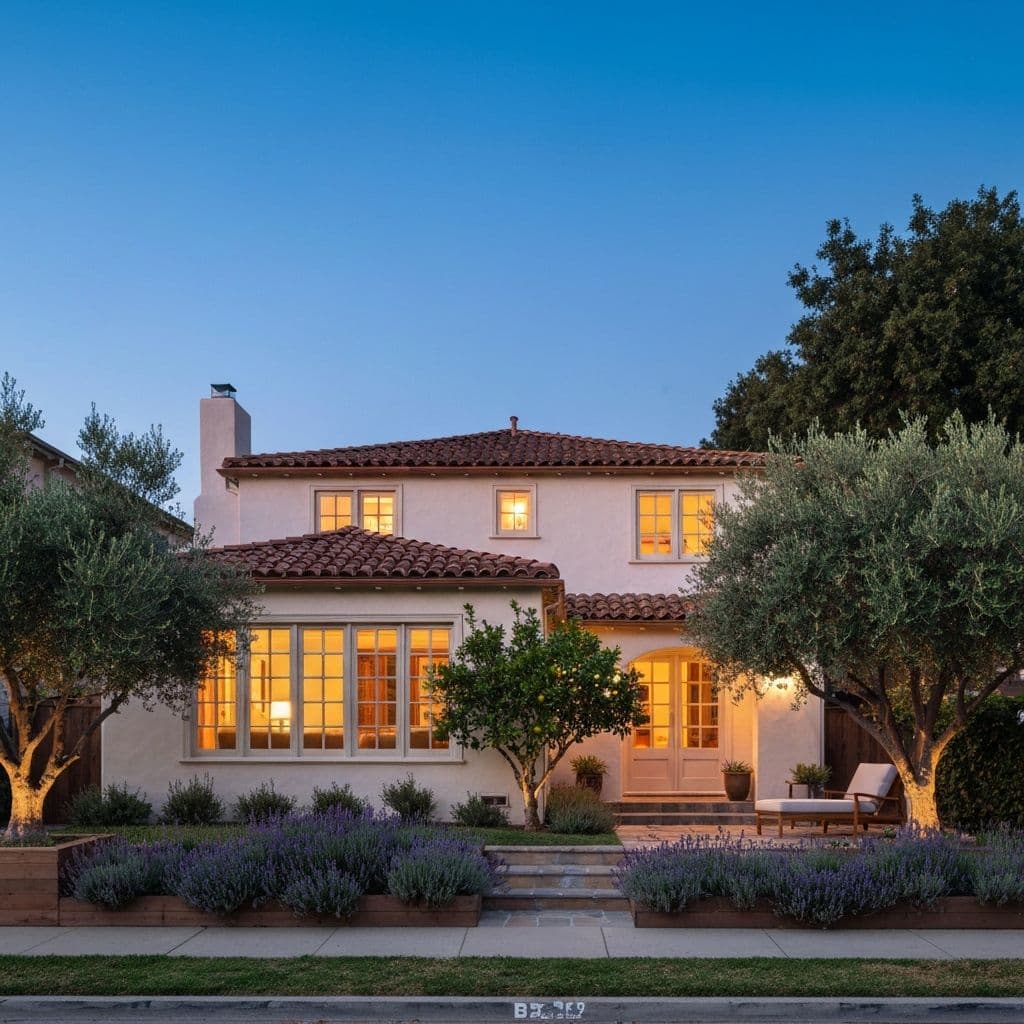 Twilight exterior of the residence with warm window light and olive trees