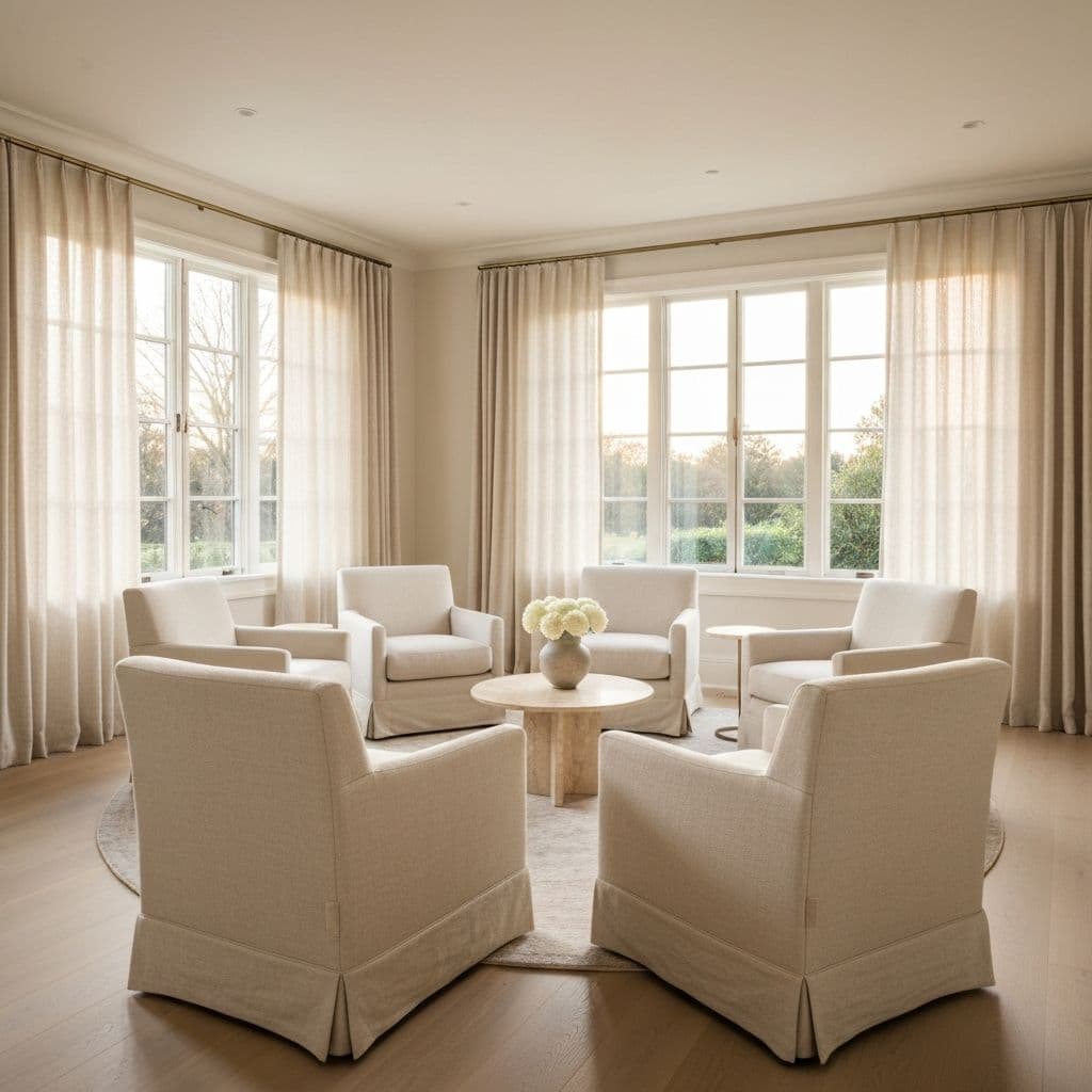 A bright, calm group therapy room with a circle of cream linen chairs and tall arched windows