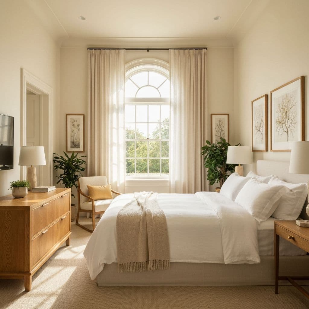 Private bedroom with white linens and a sunlit arched window