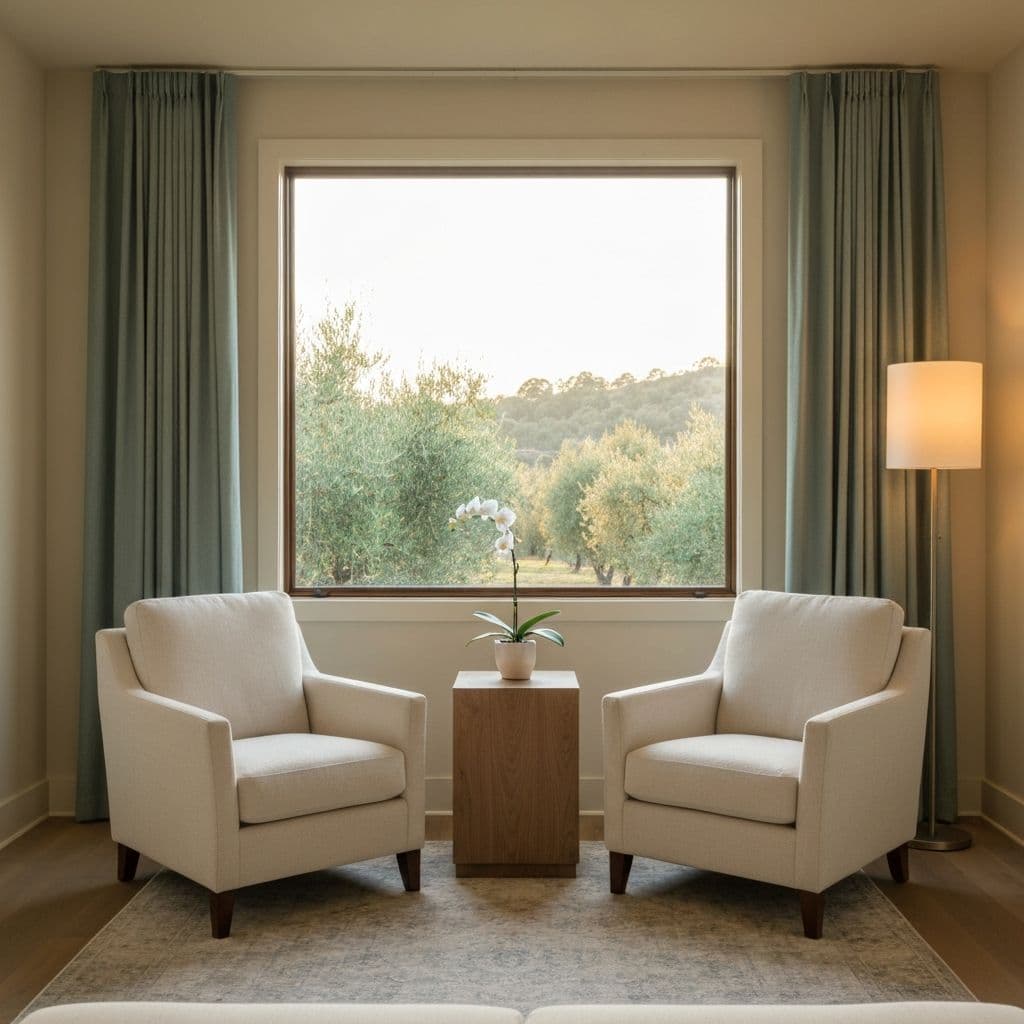 Therapy consultation room with two cream linen chairs and an oak side table